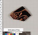 Terracotta fragment of a kylix (drinking cup), Attributed to the Painter of London E 100 [DvB], Terracotta, Greek, Attic