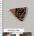 Terracotta fragment of a kylix (drinking cup), Attributed to the Eretria Painter [DvB], Terracotta, Greek, Attic
