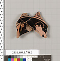 Terracotta fragment of a kylix (drinking cup), Attributed to the Veii Painter [DvB], Terracotta, Greek, Attic