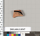 Terracotta fragment of a stemless kylix (drinking cup), Terracotta, Greek, Attic