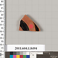 Terracotta fragment of a stemless kylix (drinking cup), Terracotta, Greek, Attic