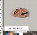 Terracotta fragment of a stemless kylix (drinking cup), Terracotta, Greek, Attic