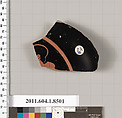 Terracotta fragment of a stemless kylix (drinking cup), Terracotta, Greek, Attic
