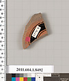 Terracotta fragment of a stemless kylix (drinking cup), Terracotta, Greek, Attic