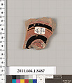 Terracotta fragment of a stemless kylix (drinking cup), Terracotta, Greek, Attic