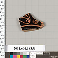 Terracotta fragment of a stemless kylix (drinking cup), Terracotta, Greek, Attic
