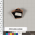 Terracotta fragment of a stemless kylix (drinking cup), Terracotta, Greek, Attic