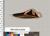 Terracotta fragment of a stemless kylix (drinking cup), Terracotta, Greek, Attic