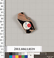 Terracotta fragment of a stemless kylix (drinking cup), Terracotta, Greek, Attic