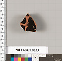 Terracotta fragment of a stemless kylix (drinking cup), Terracotta, Greek, Attic