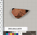 Terracotta fragment of a stemless kylix (drinking cup), Terracotta, Greek, Attic