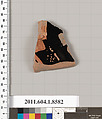 Terracotta fragment of a stemless kylix (drinking cup), Terracotta, Greek, Attic