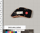Terracotta fragment of a stemless kylix (drinking cup), Terracotta, Greek, Attic
