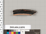 Terracotta fragment of a stemless kylix (drinking cup), Terracotta, Greek, Attic