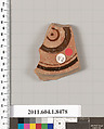Terracotta fragment of a stemless kylix (drinking cup), Terracotta, Greek, Attic