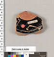 Terracotta fragment of a stemless kylix (drinking cup), Terracotta, Greek, Attic