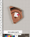 Terracotta fragment of a stemless kylix (drinking cup), Terracotta, Greek, Attic
