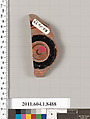 Terracotta fragment of a stemless kylix (drinking cup), Terracotta, Greek, Attic