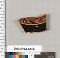 Terracotta fragment of a stemless kylix (drinking cup), Terracotta, Greek, Attic