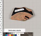 Terracotta fragment of a stemless kylix (drinking cup), Terracotta, Greek, Attic
