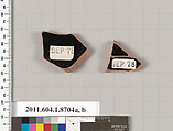 Terracotta fragments of a stemless kylix (drinking cup), Terracotta, Greek, Attic