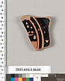 Terracotta fragment of a stemless kylix (drinking cup), Terracotta, Greek, Attic