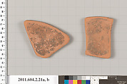 Terracotta fragments of a psykter (vase for cooling wine), Terracotta, Greek, Attic