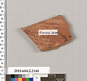 Terracotta fragment of a pot, Terracotta, Greek, Attic