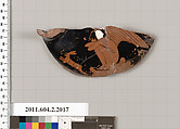 Terracotta fragment of an askos (flask with a spout and handle over the top), Terracotta, Greek, Attic