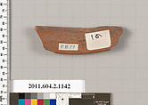 Terracotta fragment from a pyxis lid (box), Terracotta, Greek, Attic