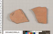 Terracotta fragments of pots; unglazed on the inside, Terracotta, Greek, Attic