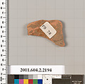 Terracotta fragment of a pot; unglazed on the inside, Terracotta, Greek, Attic