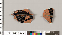 Terracotta fragments of a neck-amphora of Nicosthenic shape (jar), Terracotta, Greek, Attic