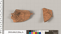 Terracotta fragments of a neck-amphora of Nicosthenic shape (jar), Terracotta, Greek, Attic