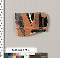 Terracotta fragment of a neck-amphora of Nicosthenic shape (jar), Terracotta, Greek, Attic