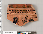 Terracotta fragment of a calyx-krater (bowl for mixing wine and water), Terracotta, Greek, Attic