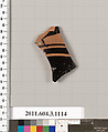 Terracotta fragment of a mastoid (drinking cup with narrow base) or a kyathos (cup-shaped ladle), Terracotta, Greek, Attic