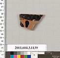 Terracotta fragment of a mastoid (drinking cup with narrow base) or a kyathos (cup-shaped ladle), Terracotta, Greek, Attic
