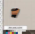 Terracotta fragment of a mastoid (drinking cup with narrow base) or a kyathos (cup-shaped ladle), Terracotta, Greek, Attic