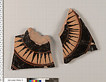 Terracotta fragments of a lekanis lid (covered dish), Terracotta, Greek, Attic