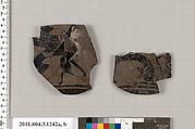 Terracotta fragments of a kyathos (cup-shaped ladle), Terracotta, Greek, Attic