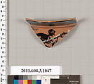 Terracotta fragment of a mastoid (drinking cup with narrow base), Terracotta, Greek, Attic