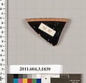 Terracotta fragment of a kylix: Lip cup (drinking cup), Terracotta, Greek, Attic