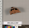 Terracotta fragment of a stemless cup (drinking cup), Terracotta, Greek, Attic
