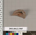 Terracotta fragment of a stemless cup (drinking cup), Terracotta, Greek, Attic