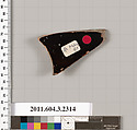 Terracotta fragment of a kylix: eye-cup (drinking cup), Terracotta, Greek, Attic