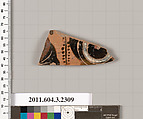 Terracotta fragment of a kylix: eye-cup (drinking cup), Terracotta, Greek, Attic