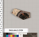 Terracotta fragment of a kylix: eye-cup (drinking cup), Terracotta, Greek, Attic