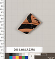 Terracotta fragment of a kylix: eye-cup (drinking cup), Terracotta, Greek, Attic