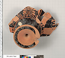 Terracotta fragment of a kylix (drinking cup), Attributed to the Curtius Painter [DvB], Terracotta, Greek, Attic